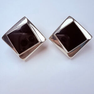 Modernist Nested Stacked Squares 19CT Onyx 1.3" Sterling 925 Silver VTG Earrings